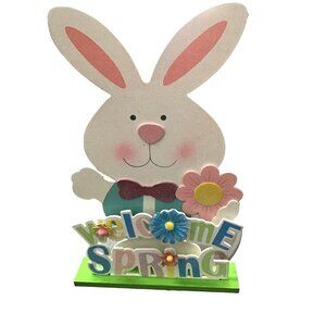 HANDCRAFTED WELCOME SPRING RABBIT /EASTER DEORATING WOODEN SHELF SITTER FIGURINE